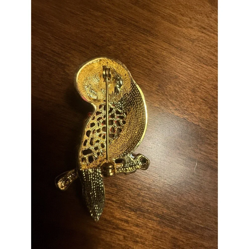 Vintage Rhinestone & Enamel Bird Owl Brooch Pin Vibrant Rainbow Color Gold-Tone